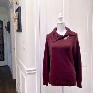 Talbots Womens Burgundy Split Turtleneck Toggle Pullover Sweater Cotton Knit S